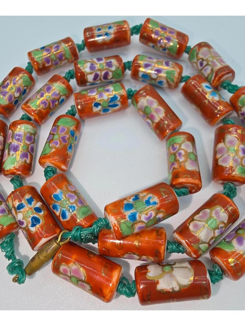 Peking Glass Style Necklace, Hand Painted Floral, Gold Gilt, Hand Knotted Silk